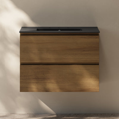 Liberte 30" Wall-Mounted Bathroom Vanity in Brown Oak with Black 3-Hole Widespread Sink Top