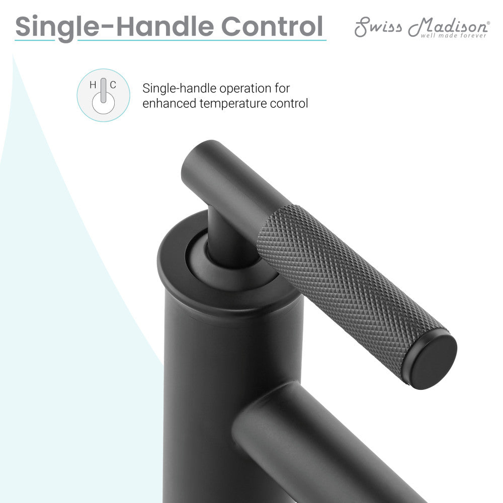 Single-handle bathroom faucet in matte black with textured lever and high arc spout.