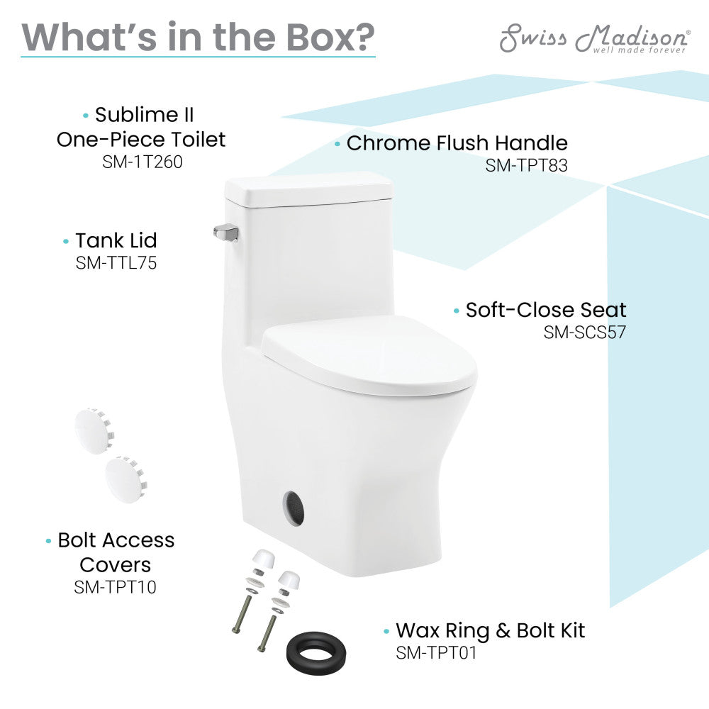 Round compact one-piece toilet in glossy white, left flush, soft-close seat, chrome flush handle.