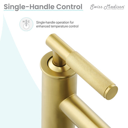 Single-handle bathroom faucet in brushed gold with textured lever handle and high arc spout.