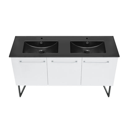 Annecy 60 in. White, Double Basin Bathroom Vanity With Black Artificial Stone Sink Top