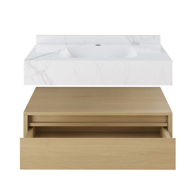 Avancer 36" Wall-Mounted Bathroom Vanity in Natural Oak with White Marble Sink Top