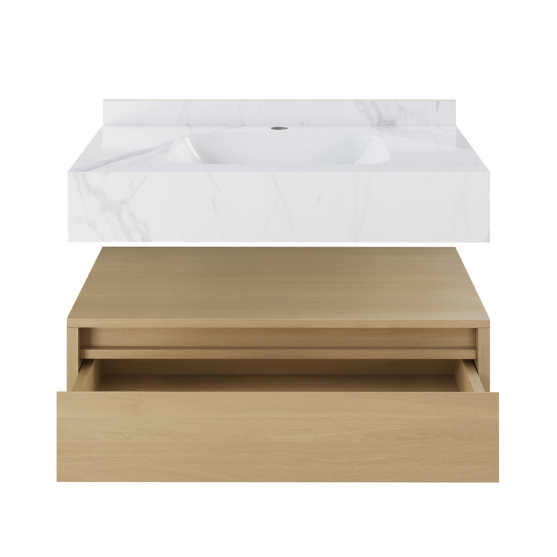 Avancer 36" Wall-Mounted Bathroom Vanity in Natural Oak with White Marble Sink Top