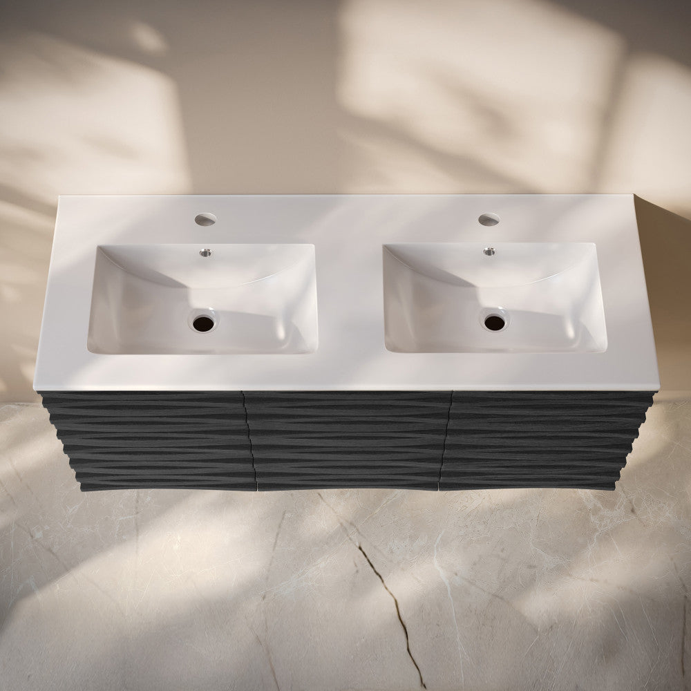 Cascade 48" Wall-Mounted Bathroom Vanity in Black Oak with Double Basin Sink Top