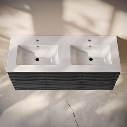 Cascade 48" Wall-Mounted Bathroom Vanity in Black Oak with Double Basin Sink Top