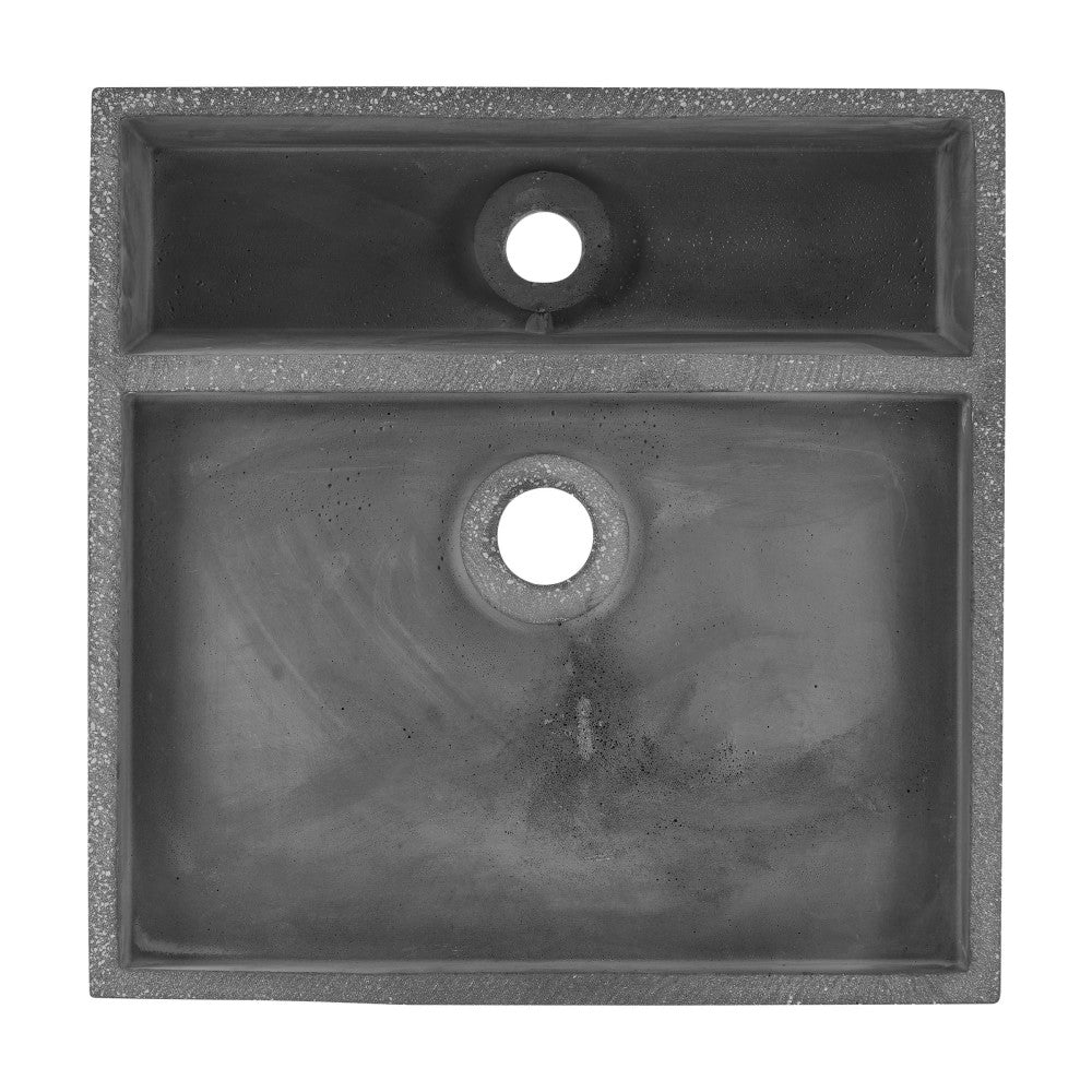 16-inch square concrete bathroom sink in dark grey with top and center drain holes.