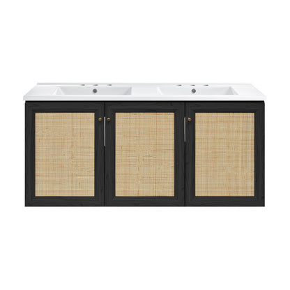 Classe 48" Wall-Mounted Bathroom Vanity in Black Oak with 3-Hole Centerset Double Basin Sink Top