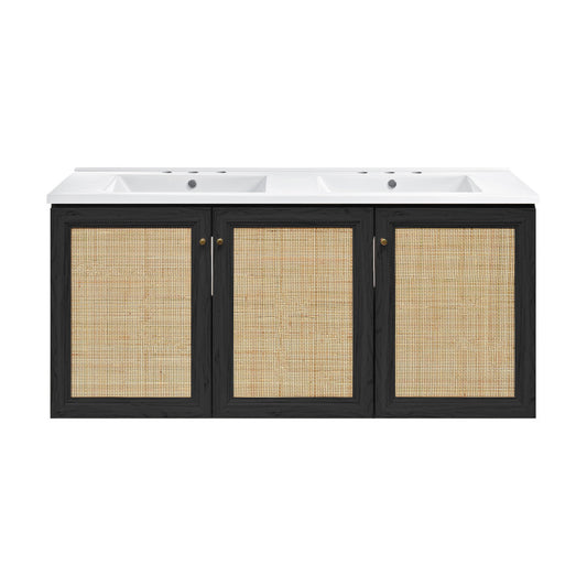Classe 48" Wall-Mounted Bathroom Vanity in Black Oak with 3-Hole Centerset Double Basin Sink Top