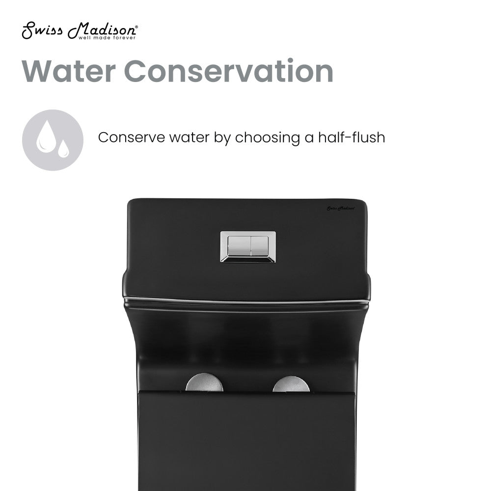 Elongated one-piece matte black toilet, dual top flush, skirted trapway, compact design.