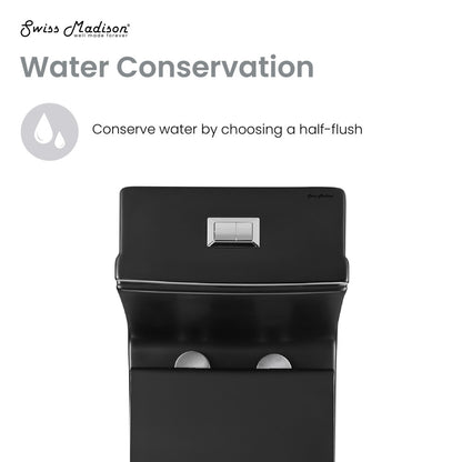 Elongated one-piece matte black toilet, dual top flush, skirted trapway, compact design.