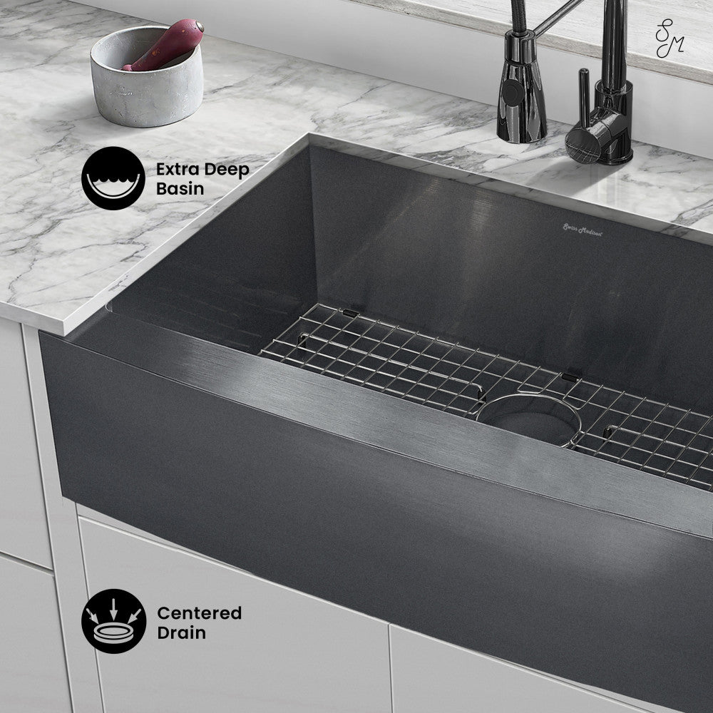 Rivage 30 x 21 Stainless Steel, Single Basin, Farmhouse Kitchen Sink with Apron in Black