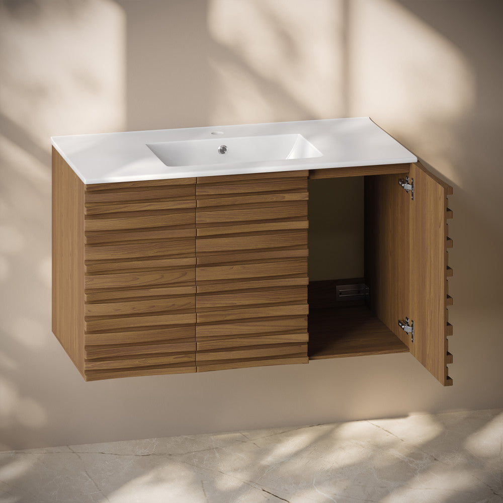 Cascade 36" Wall-Mounted Bathroom Vanity in Brown Oak with Sink Top