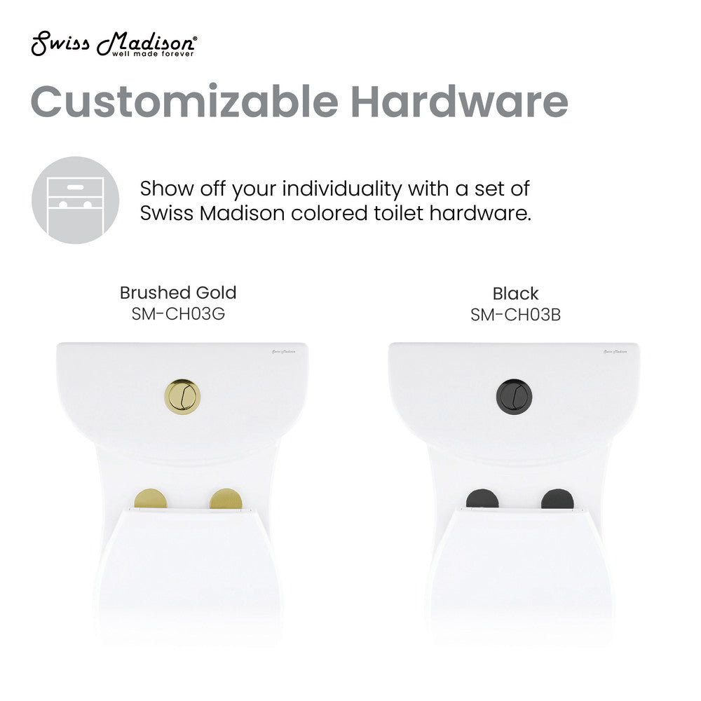 Elongated one-piece toilet with dual flush and brushed gold hardware.