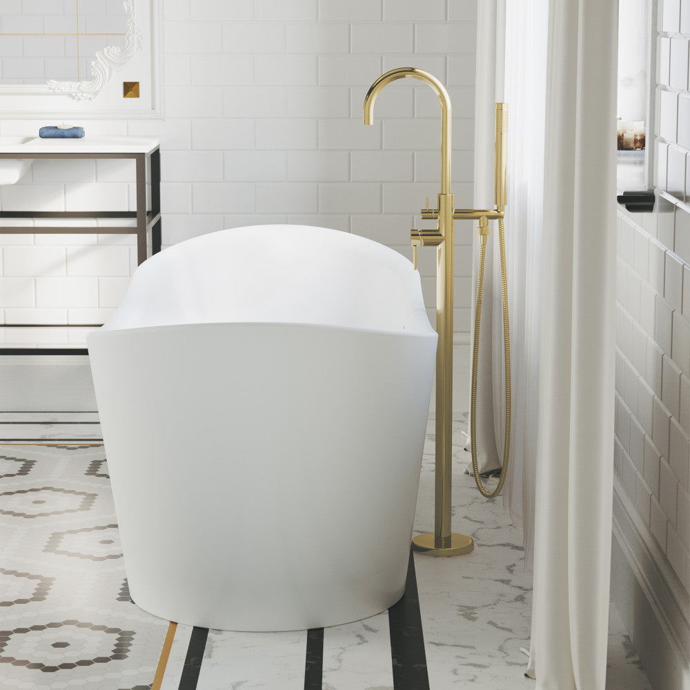 Freestanding bathtub faucet in brushed gold, single handle with handheld shower.
