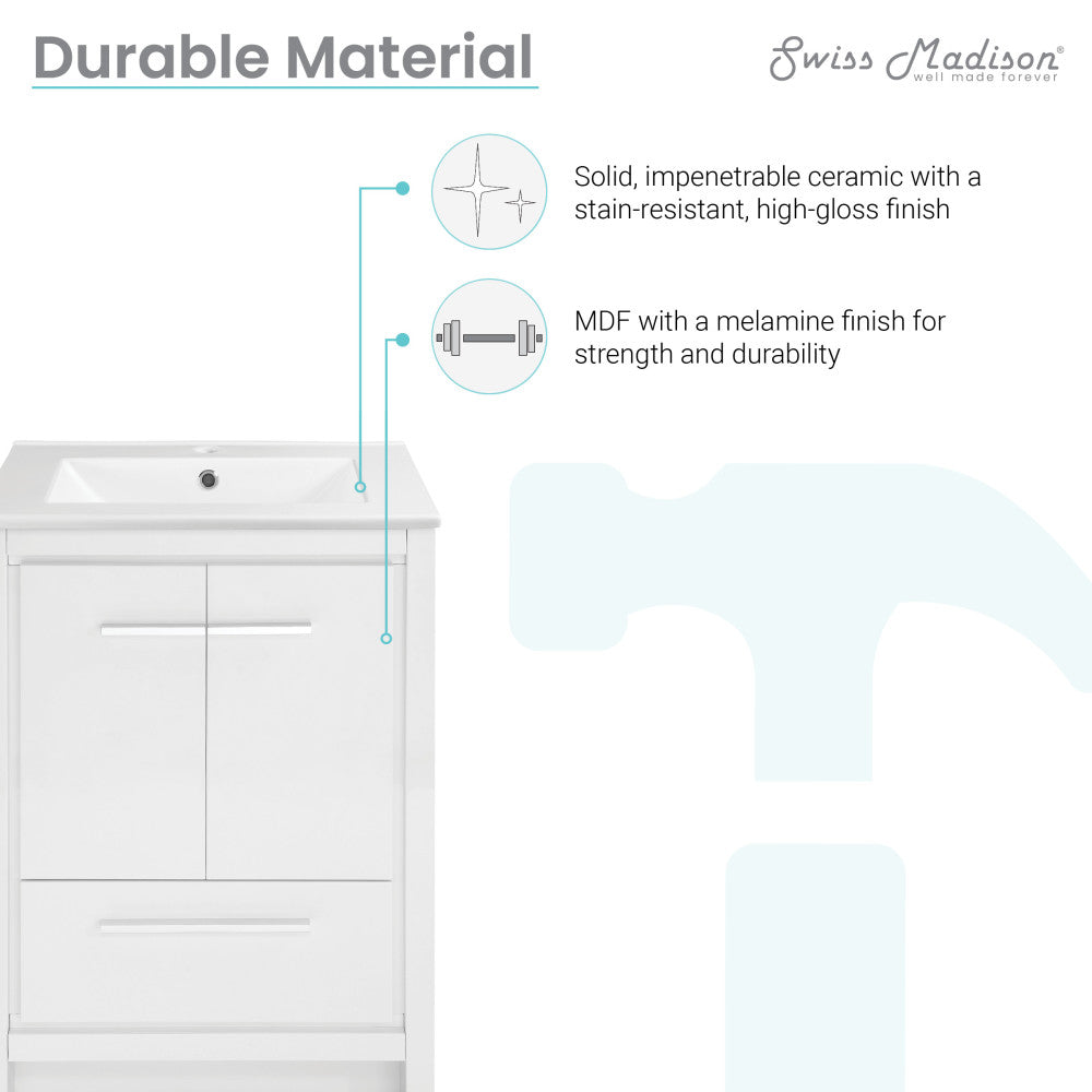 24-inch freestanding bathroom vanity in white with single sink and soft-close doors.