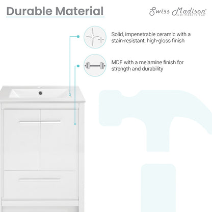 24-inch freestanding bathroom vanity in white with single sink and soft-close doors.