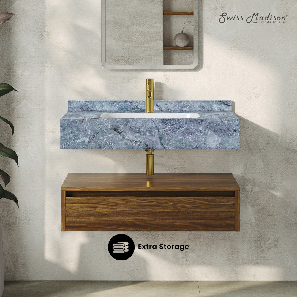 Avancer 36" Wall-Mounted Bathroom Vanity in Brown Oak with Blue Celeste Sink Top