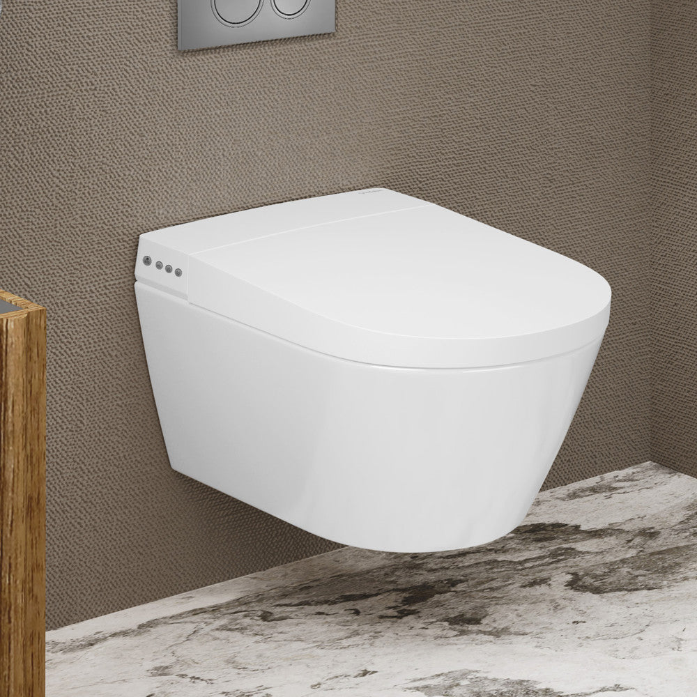Wall-hung smart toilet with built-in bidet, sleek white elongated bowl, soft-close seat.