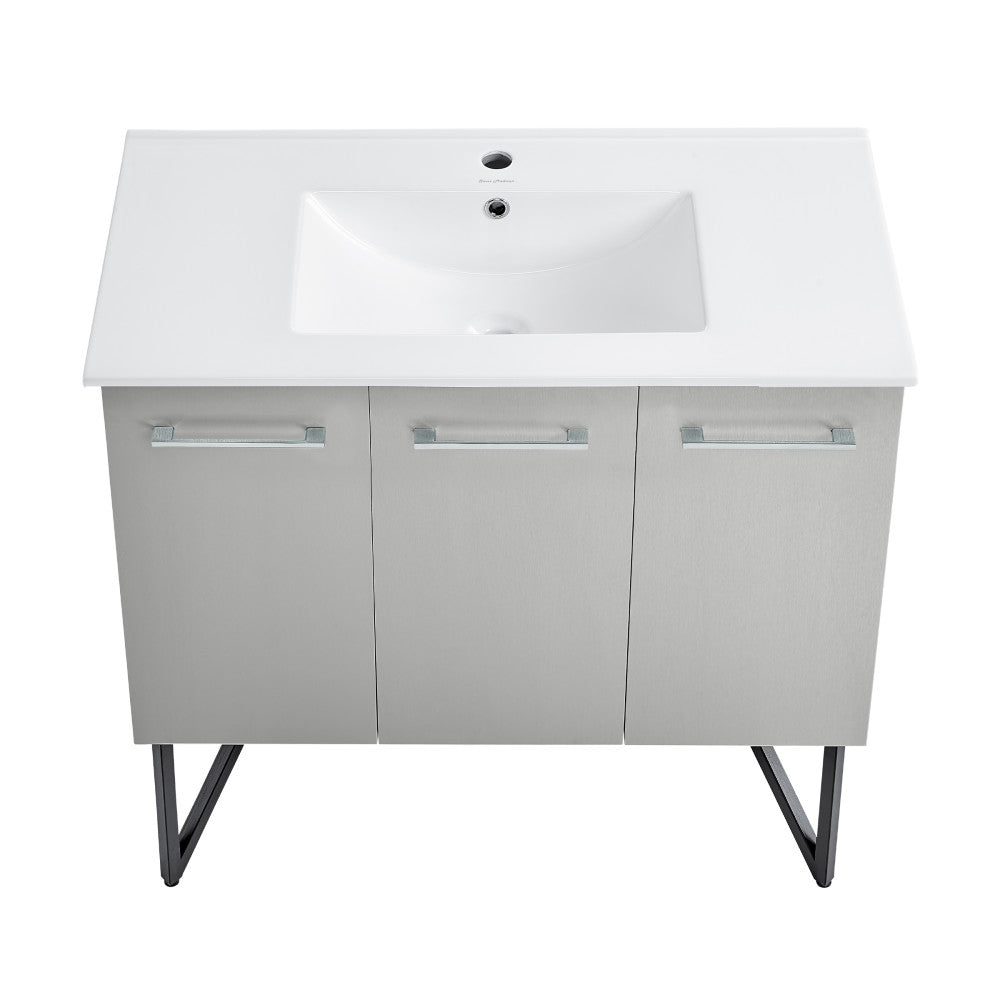 36-inch freestanding gray bathroom vanity with single integrated sink and soft-close doors.