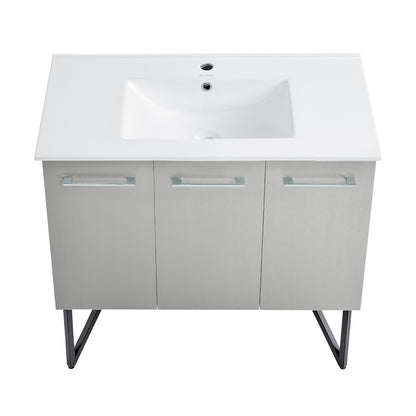 36-inch freestanding gray bathroom vanity with single integrated sink and soft-close doors.
