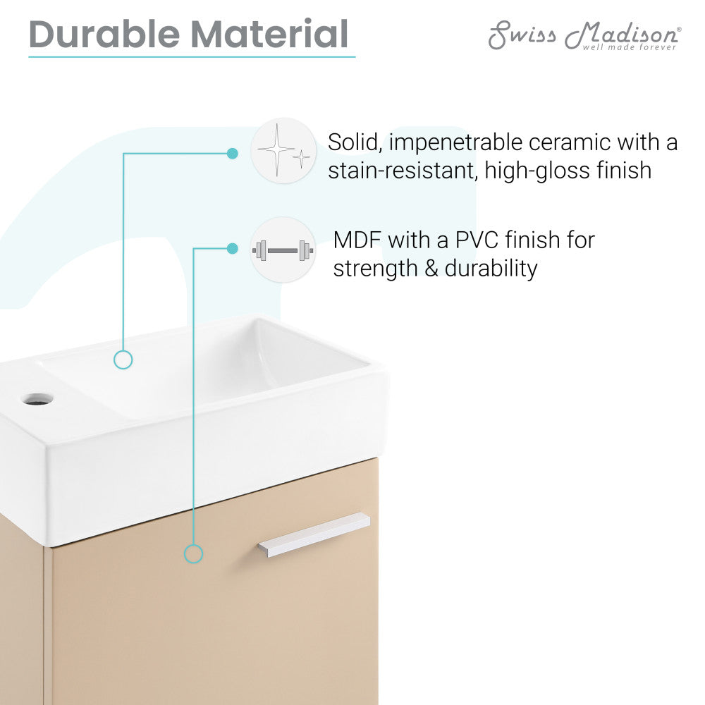 18-inch wall-mounted sandstone bathroom vanity with single sink and soft-close drawer.