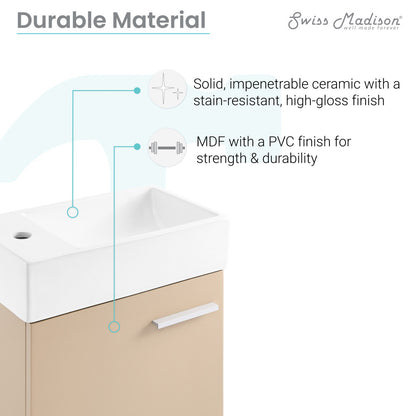 18-inch wall-mounted sandstone bathroom vanity with single sink and soft-close drawer.