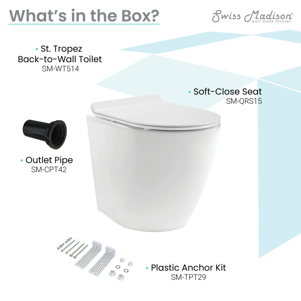 Elongated back-to-wall toilet bowl with soft-close seat and included outlet pipe and plastic anchor kit.