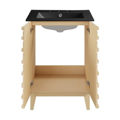 Cascade 24 in. Natural Oak Bathroom Vanity With Black, 3-Hole Ceramic Sink Top