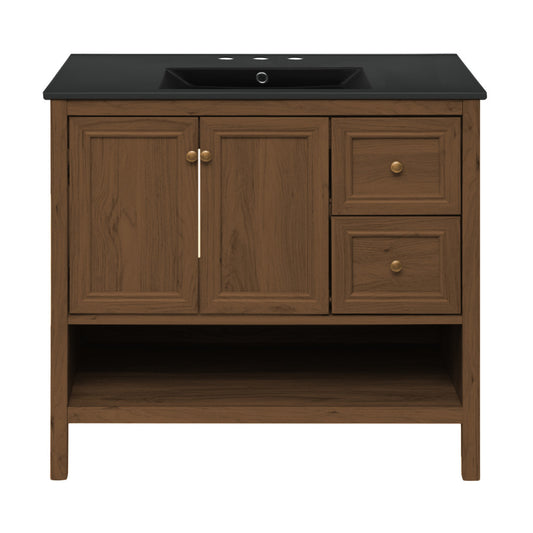 Chateau 36" Freestanding Bathroom Vanity in Brown Oak with Black 3-Hole Widespread Sink Top