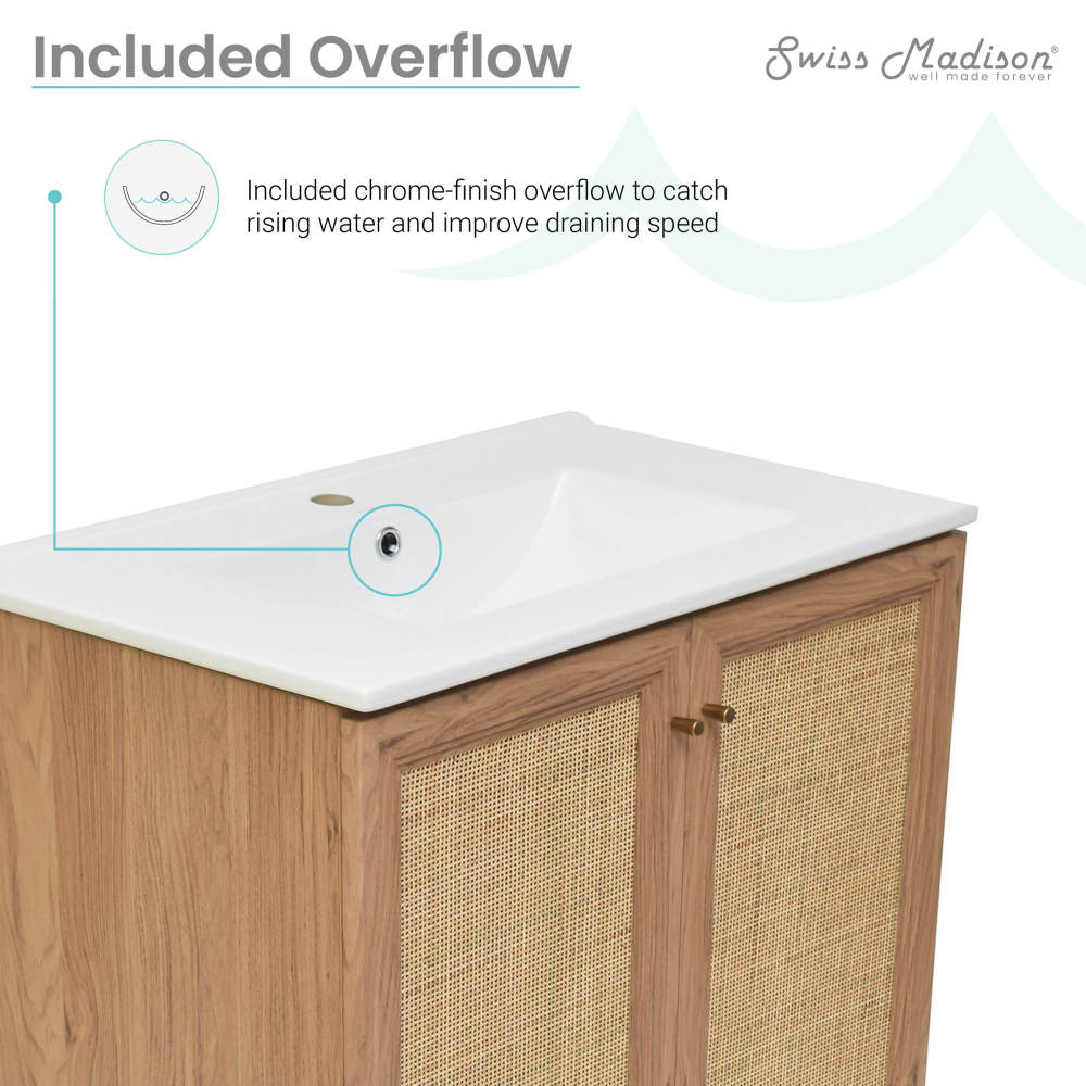 30-inch freestanding bathroom vanity in golden oak with single sink and chrome finish overflow.