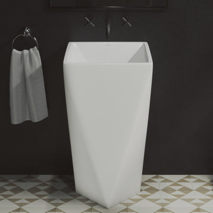 White one-piece pedestal sink with rectangular basin and tapered square base.