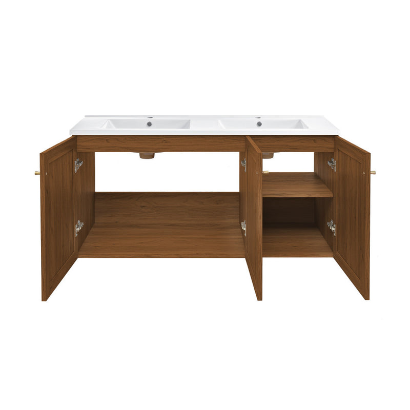 Classe 48" Wall-Mounted Bathroom Vanity in Brown Oak with Double Basin Sink Top