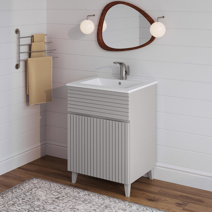 24-inch freestanding bathroom vanity in shell color, single sink, ribbed door design, angled legs.