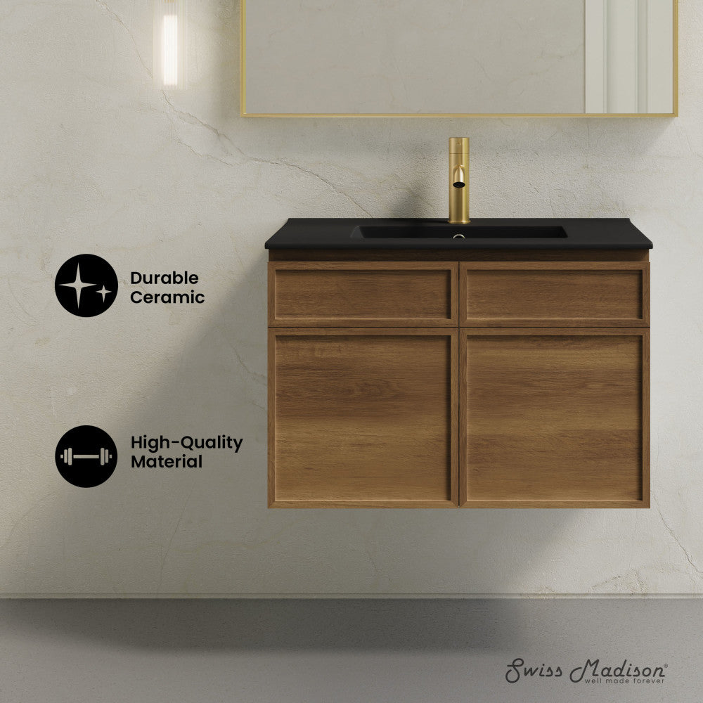 St. Tropez 30" Wall-Mounted Bathroom Vanity in Brown Oak with Black Sink Top