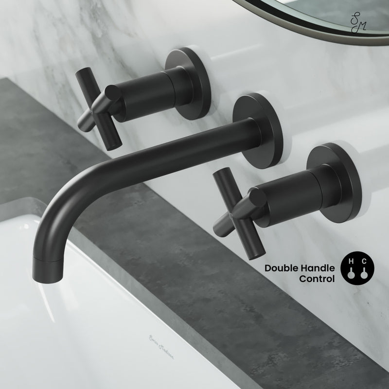 Ivy 8 in. Widespread Double Cross-Handle Wall Mount Bathroom Faucet in Matte Black