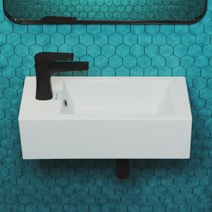 19.5 x 10 rectangular ceramic wall-hung bathroom sink with left side faucet mount, white.
