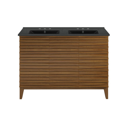 Cascade 48 in. Brown Oak, Double Basin Bathroom Vanity With Black, 3-Hole Ceramic Sink Top