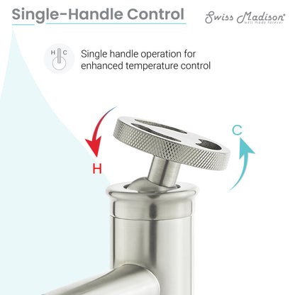 Single-handle bathroom faucet in brushed nickel with wheel control handle and cylindrical base.