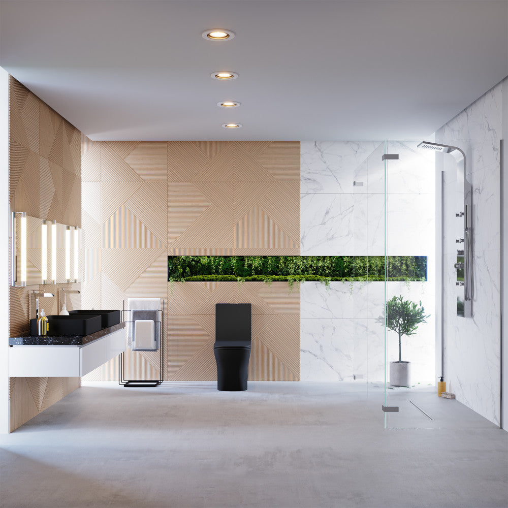 Elongated one-piece matte black toilet with dual flush and square design in modern bathroom setting.