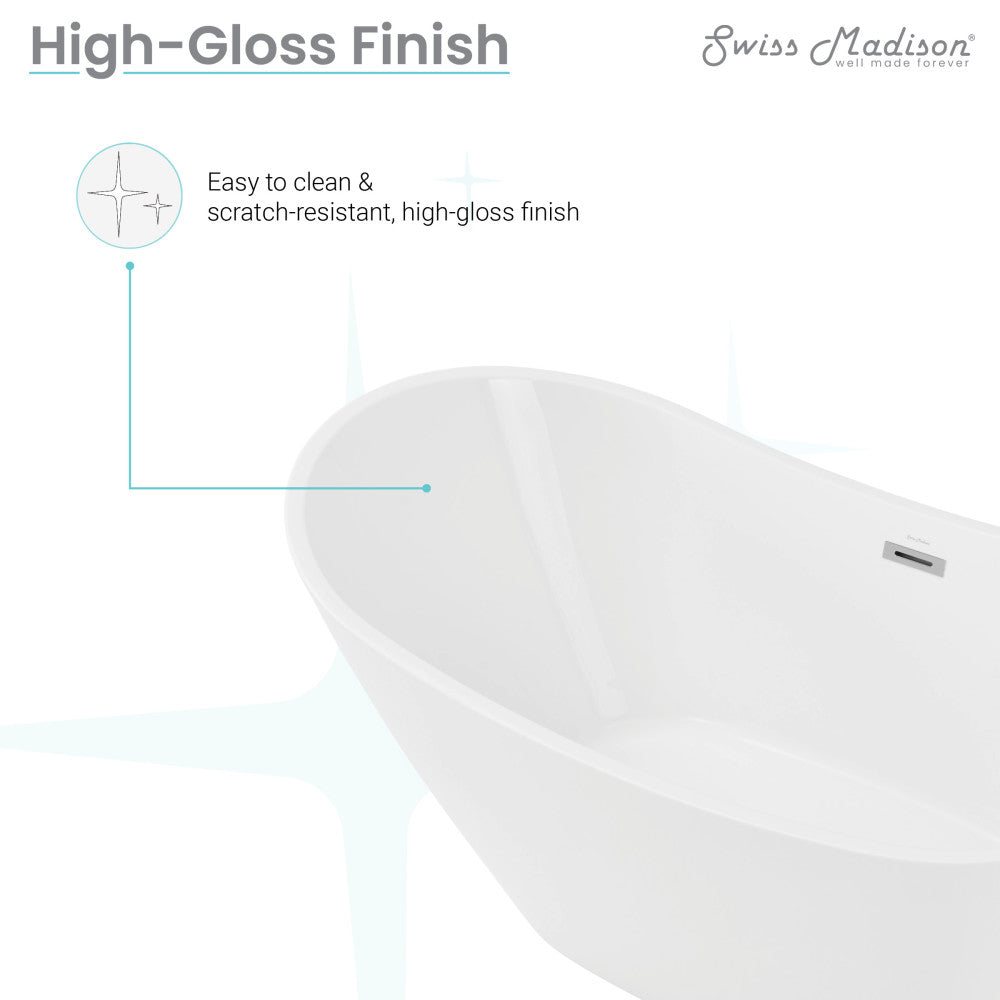 Freestanding soaking bathtub 67 inch in high-gloss white with smooth curved edges and center drain.