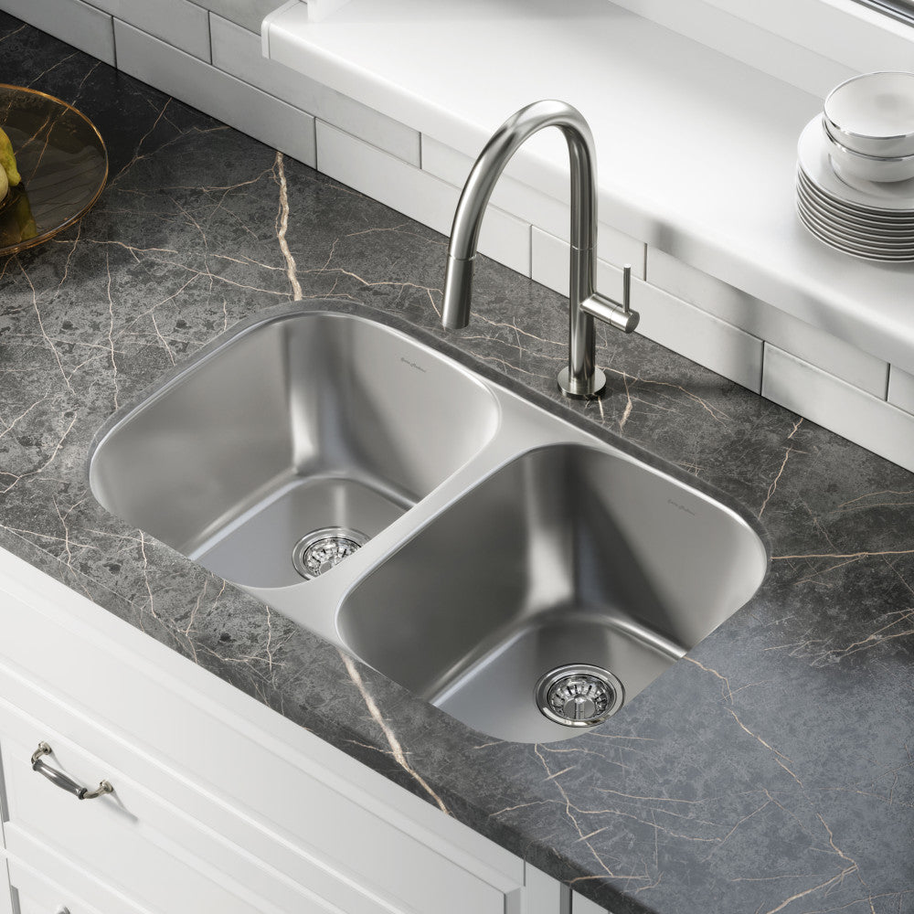 Toulouse 32 x 19 Low Divide Stainless Steel, Dual Basin, Under-Mount Kitchen Sink