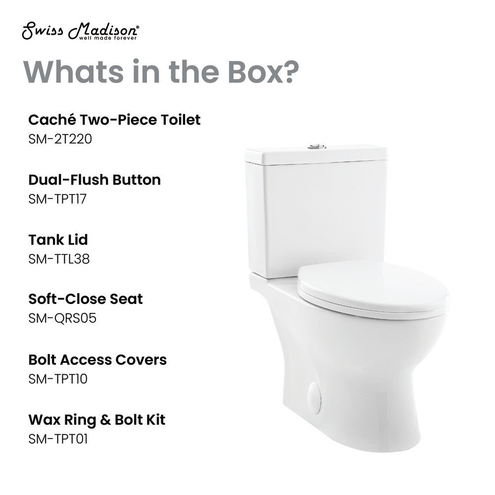 Elongated two-piece toilet with dual-flush button and soft-close seat in white porcelain.
