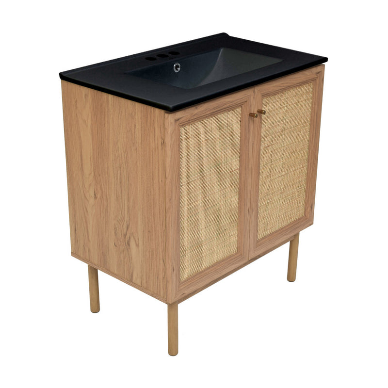 Classe 30" Freestanding Bathroom Vanity in Golden Oak with Black 3-Hole Widespread Sink Top