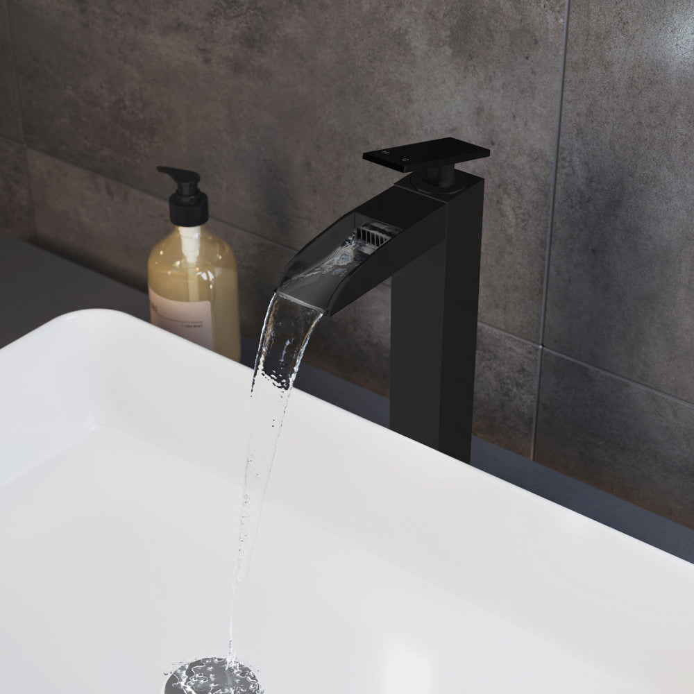 Single-handle bathroom faucet in matte black with high arc waterfall spout.
