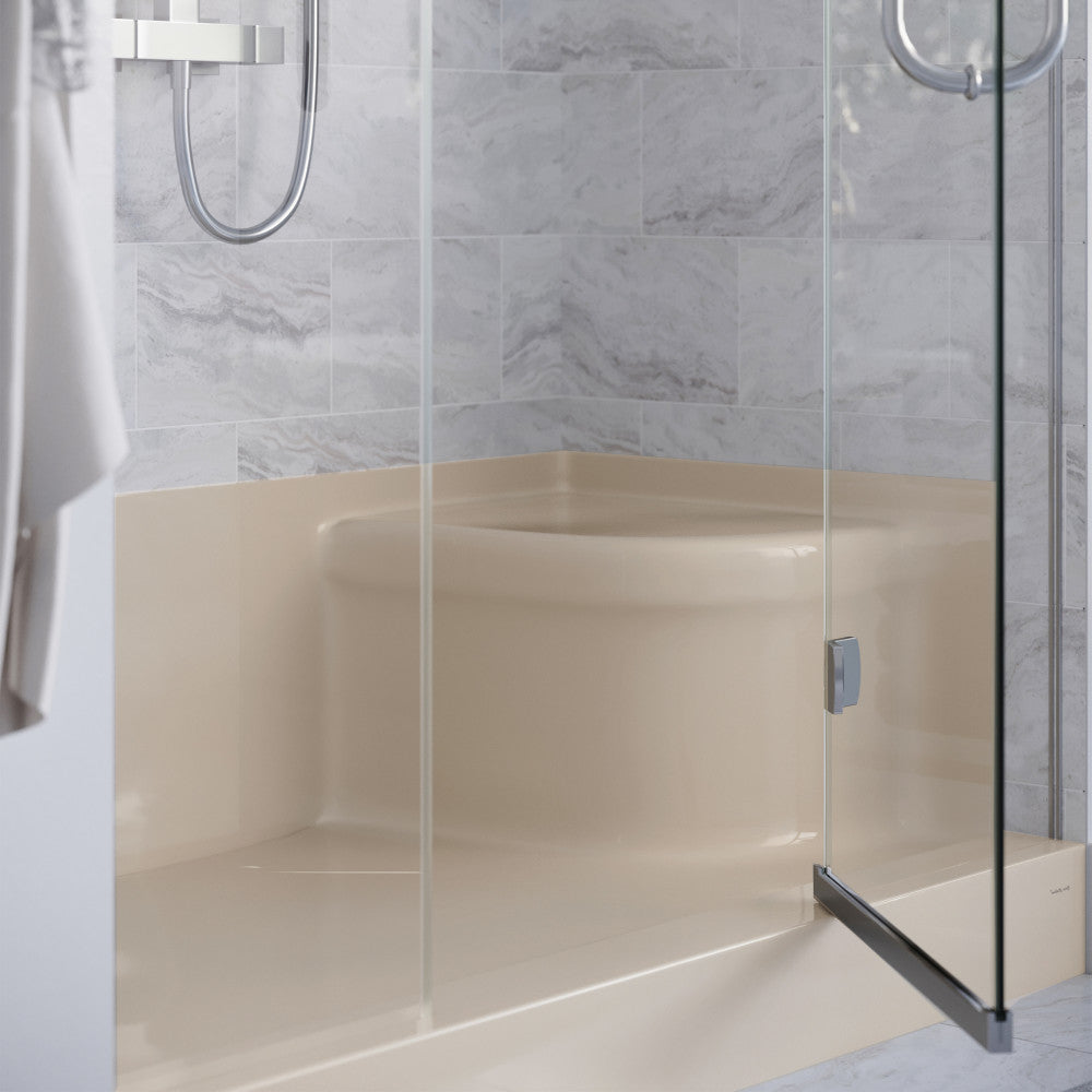 60" x 32" biscuit single threshold shower base with left-hand drain and integral right-hand seat.