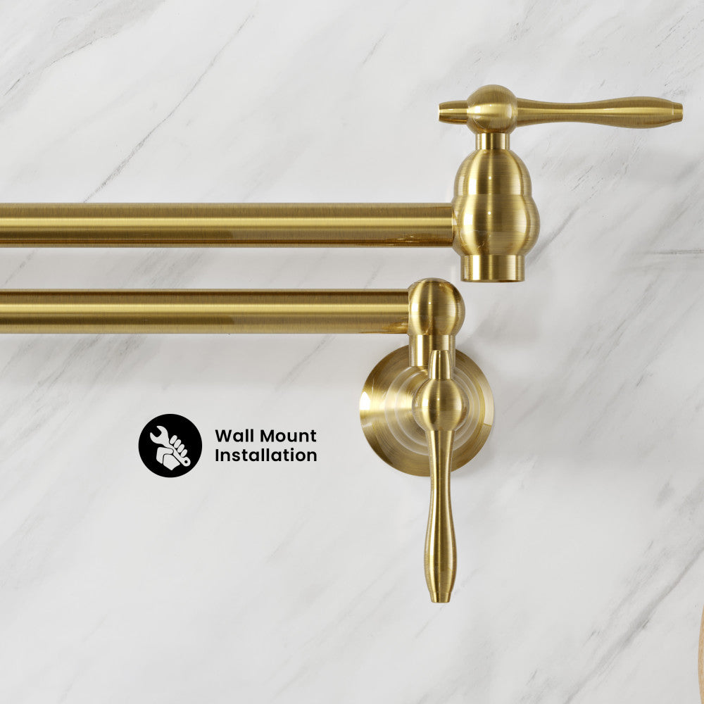 Plaisir Retractable Wall Mount Pot Filler Faucet in Brushed Gold