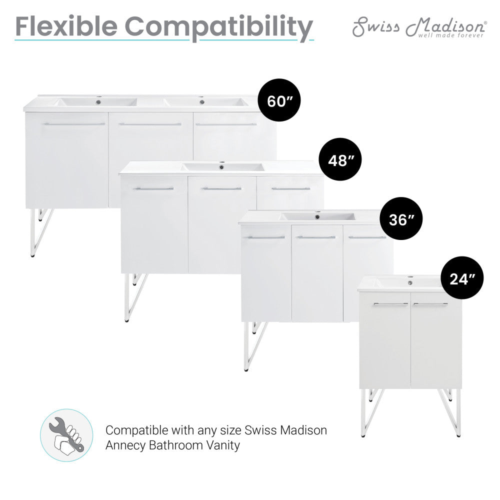 Set of chrome vanity legs compatible with Annecy bathroom vanities, various sizes from 24 to 60 inches.