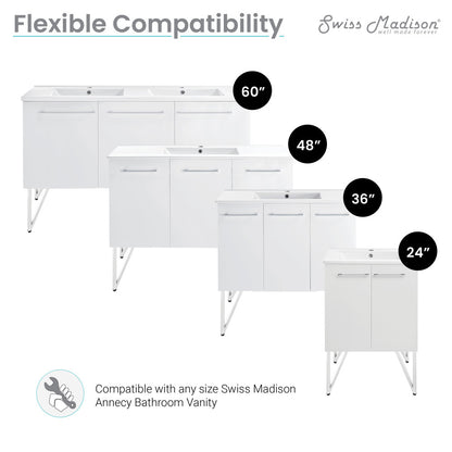 Set of chrome vanity legs compatible with Annecy bathroom vanities, various sizes from 24 to 60 inches.
