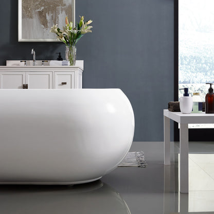 Freestanding soaking bathtub 63 inch, smooth oval design, center drain.