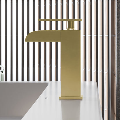 Single-handle waterfall bathroom faucet in brushed gold with sleek rectangular base and spout.